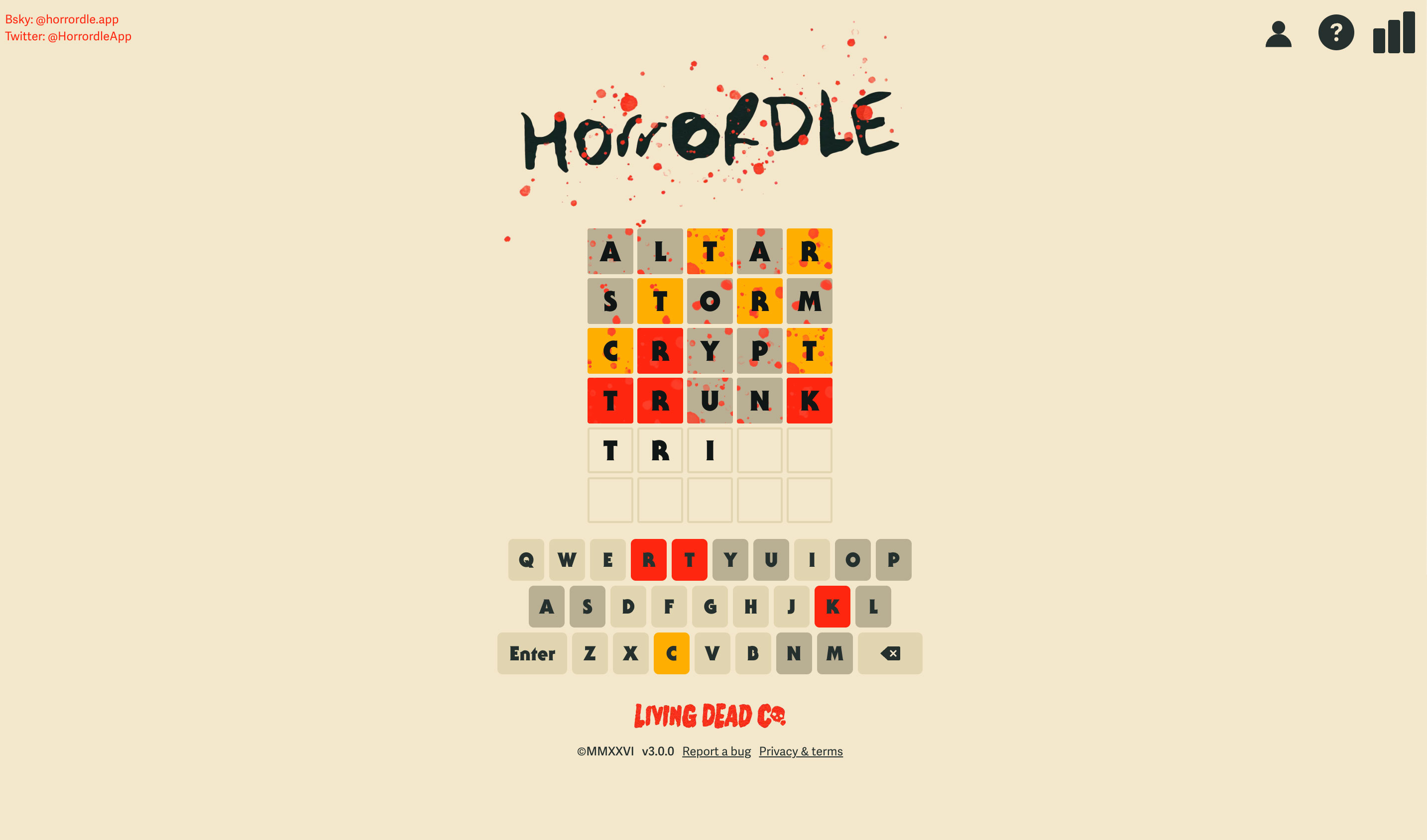 Horrordle on desktop, four guesses played — ALTAR, STORM, CRYPT, TRUNK — with a fifth being typed