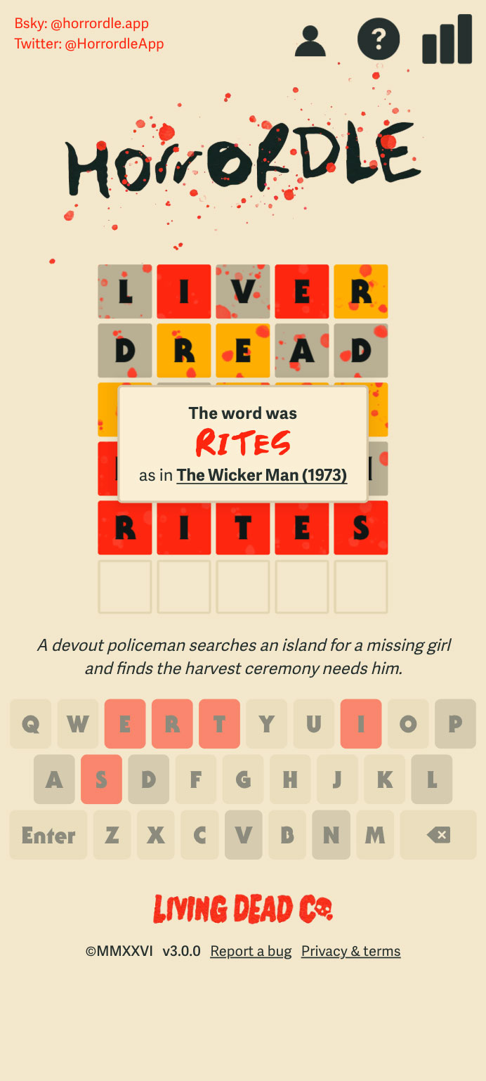 Horrordle on a phone at the end of a game, revealing the answer RITES as in The Wicker Man, with the hint below the board